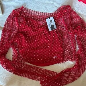 Sincerely Jules Red Mesh Sparkle Top